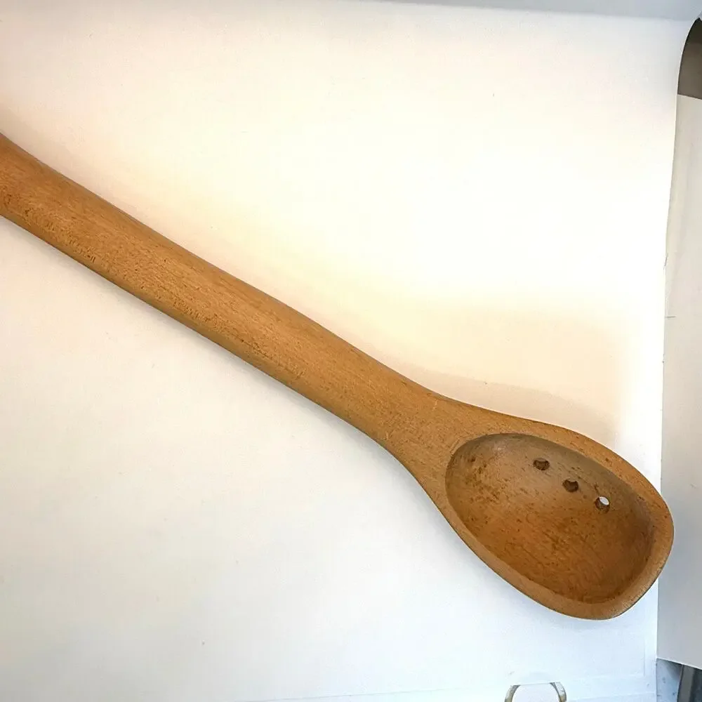 VTG Hand Carved Wooden Slotted Spoon 16” Long Handled Rustic Primitive Farmhouse
